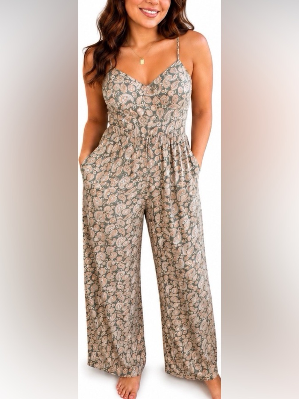 Paisley Wide-Leg Jumpsuit - Taupe, Blush, & Green Size XL